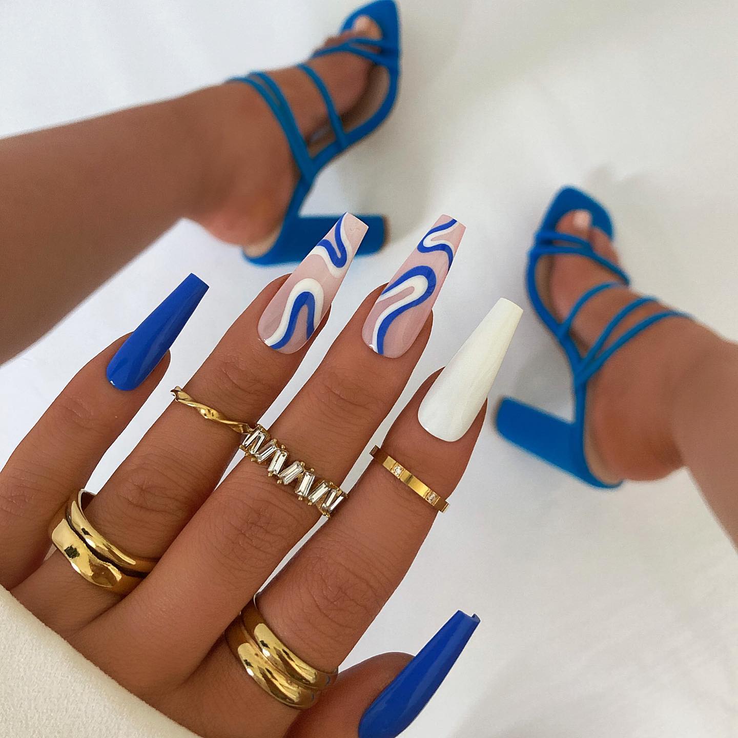 Long Acrylic Blue Coffin Nails