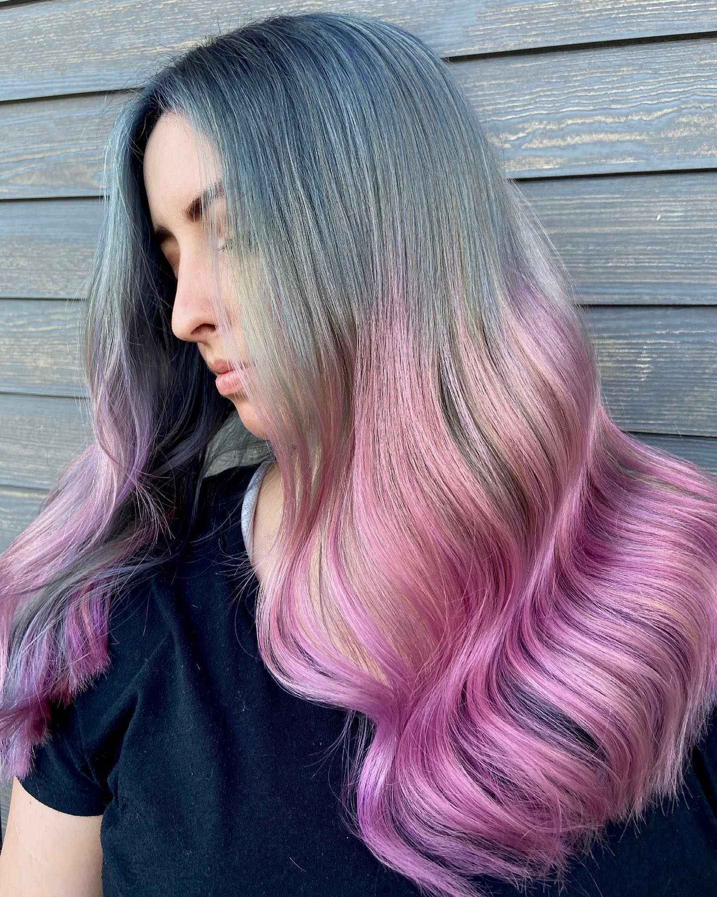 Long Gray-to-Pink Ombre Hair Color