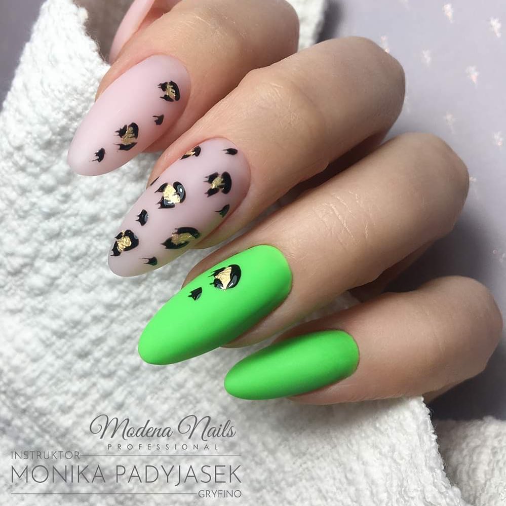 Long Matte Neon Green Nails with Nude Polish