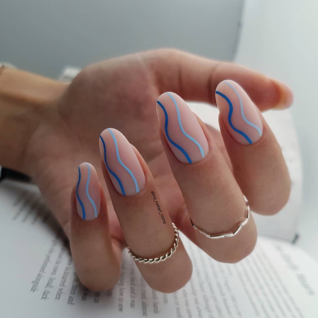 Long Round Matte Nails with Blue Geometric Swirls
