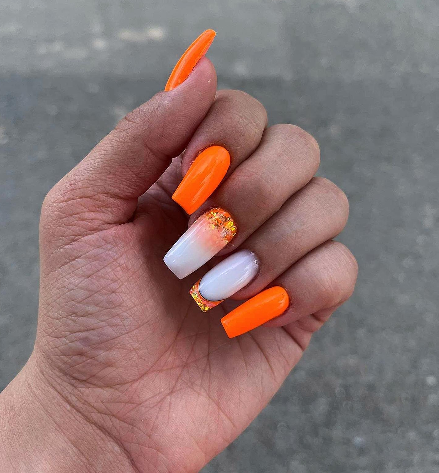 Long Square Orange and White Nails with Glitter