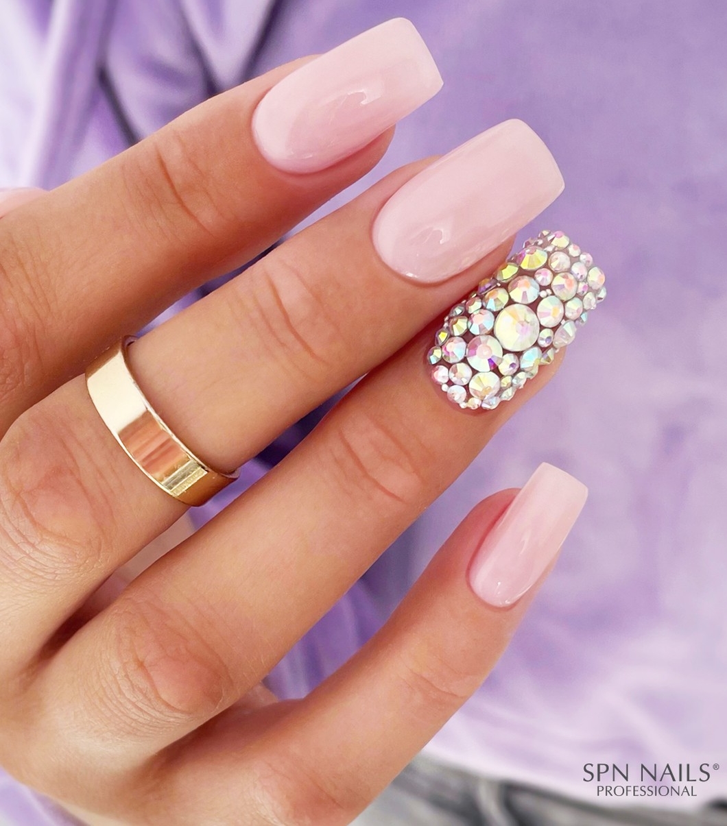 Nude Wedding Nails with Rhinestones on Accent Nail