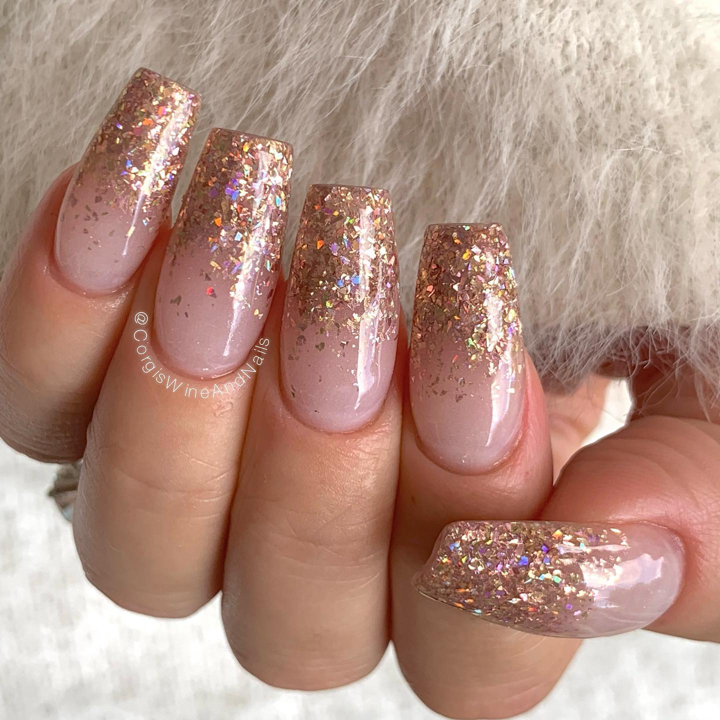 Rose Gold Ombre Glitter Manicure on Square Nails