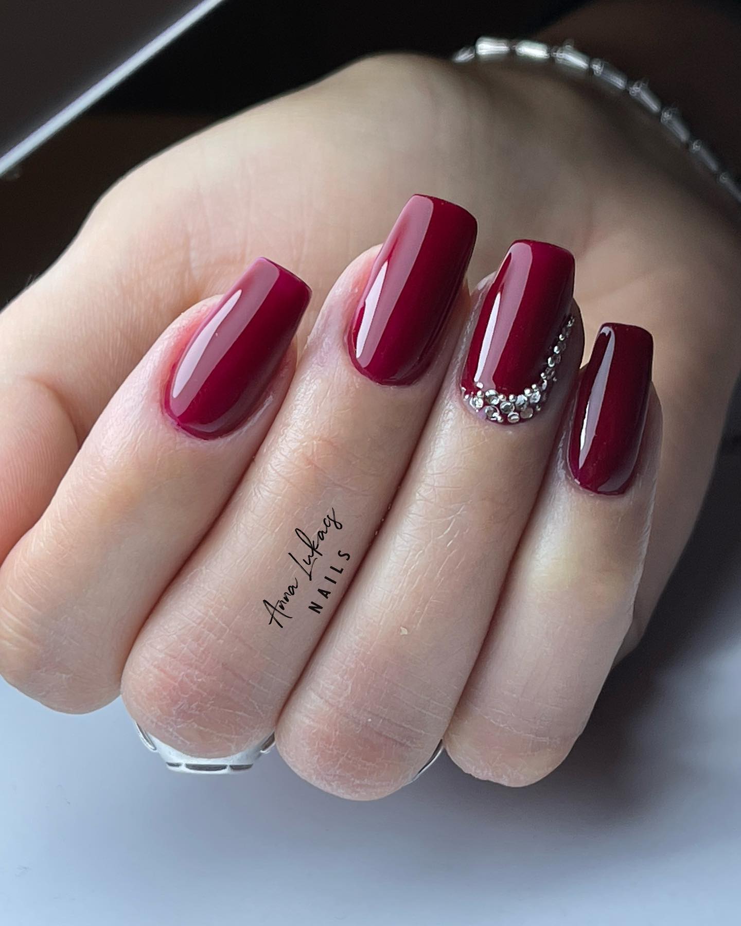 Square Maroon Nails with Rhinestones