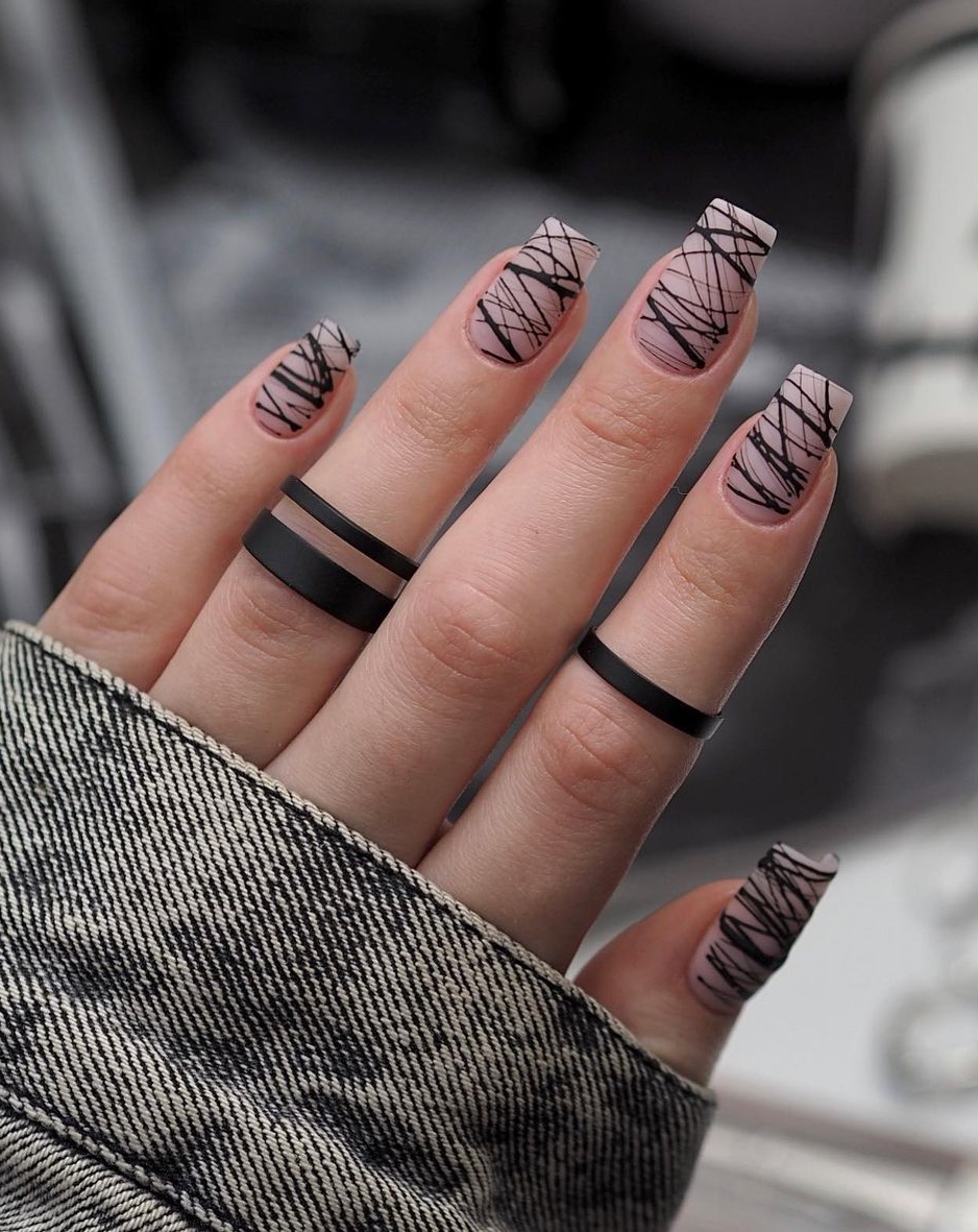 Square Nude Matte Nails with Black Lines