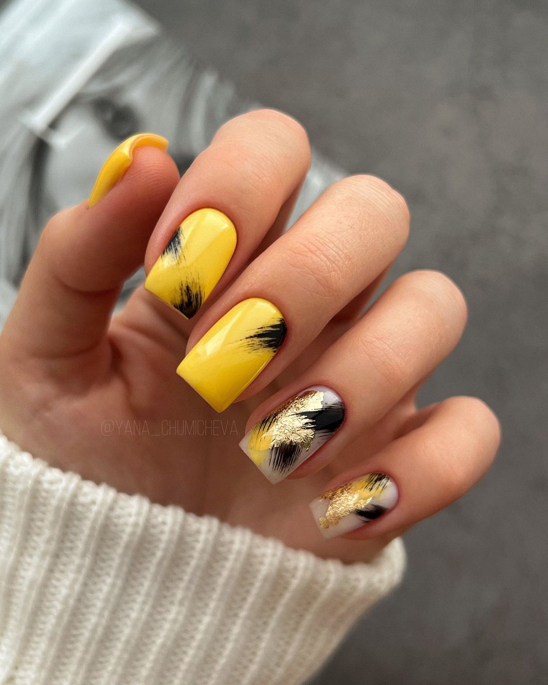 Summer Yellow Square Nails with Black and Gold Design