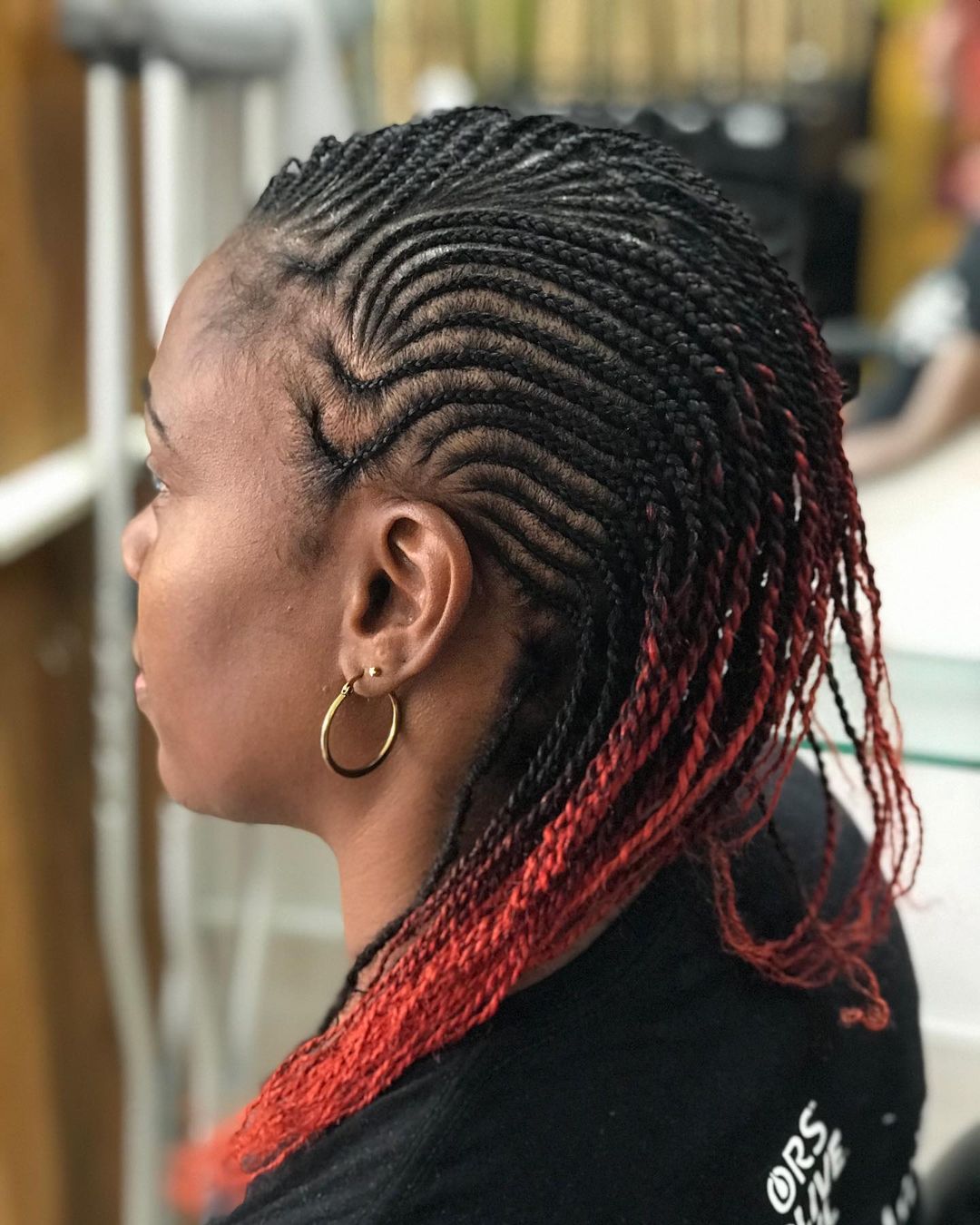 Twisted Cornrows on Natural Hair with Red Highlights