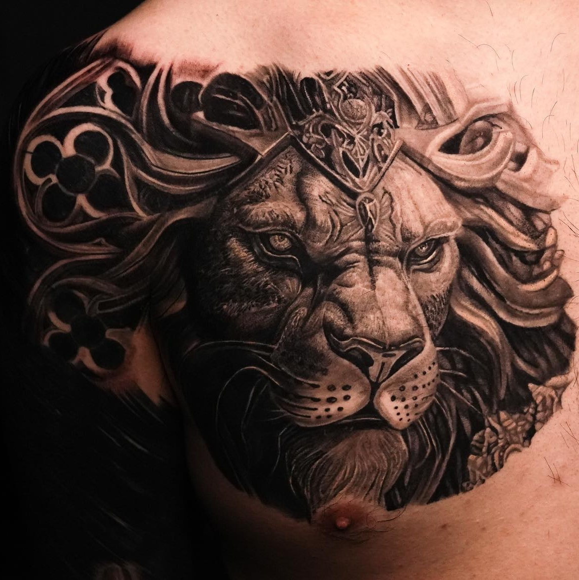 3D Lion Head Tattoo on Chest