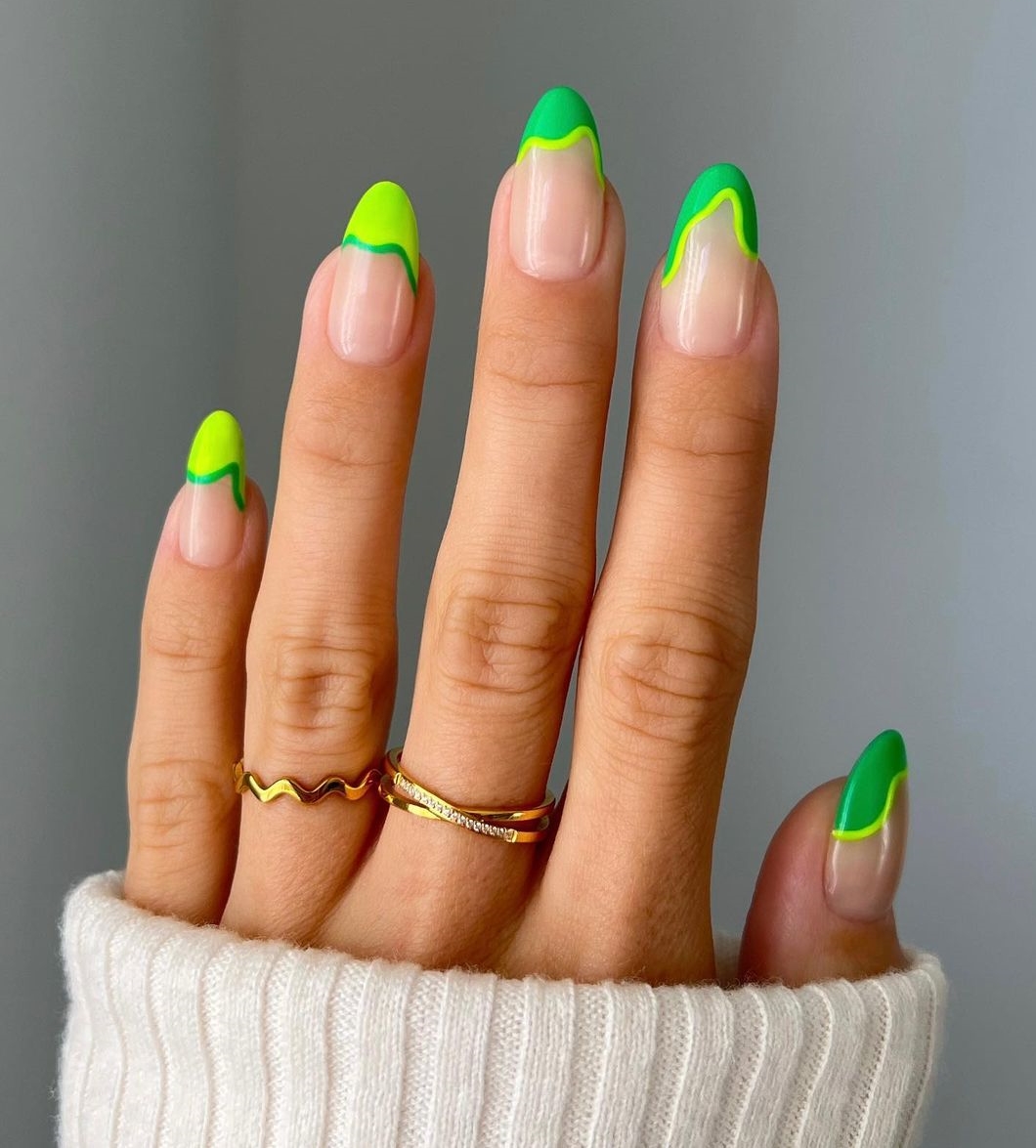 Almond Neon Green Nails with French Tips