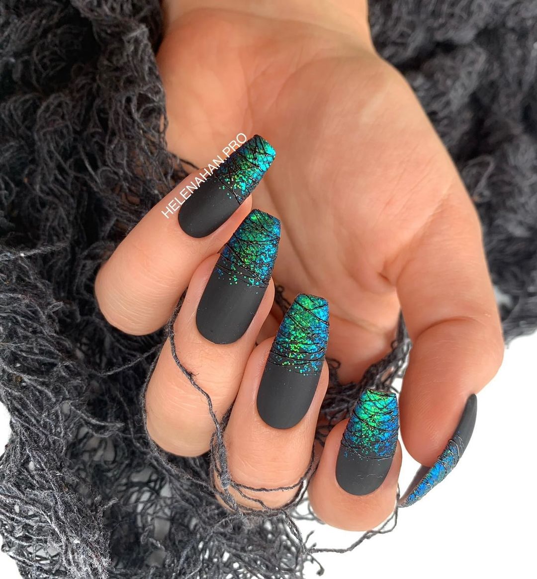 Black Matte Nails with Glitter Ombre Design