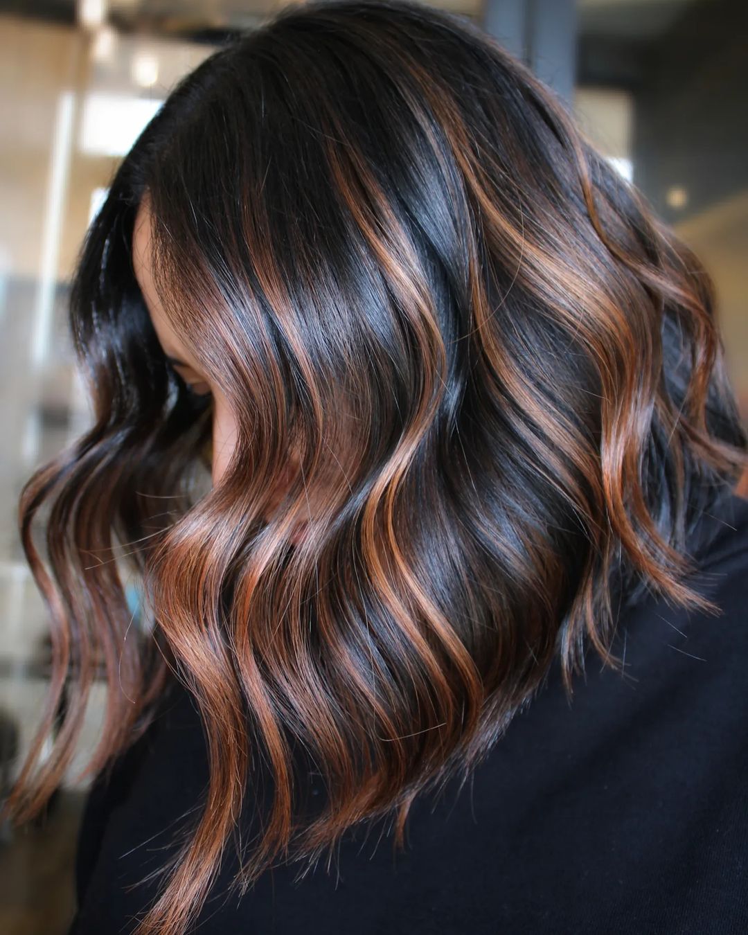 Caramel Balayage on Shiny Black Hair