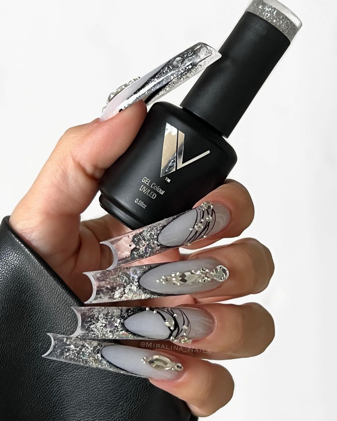 Clear & Gray Long Acrylic Nails with Rhinestones