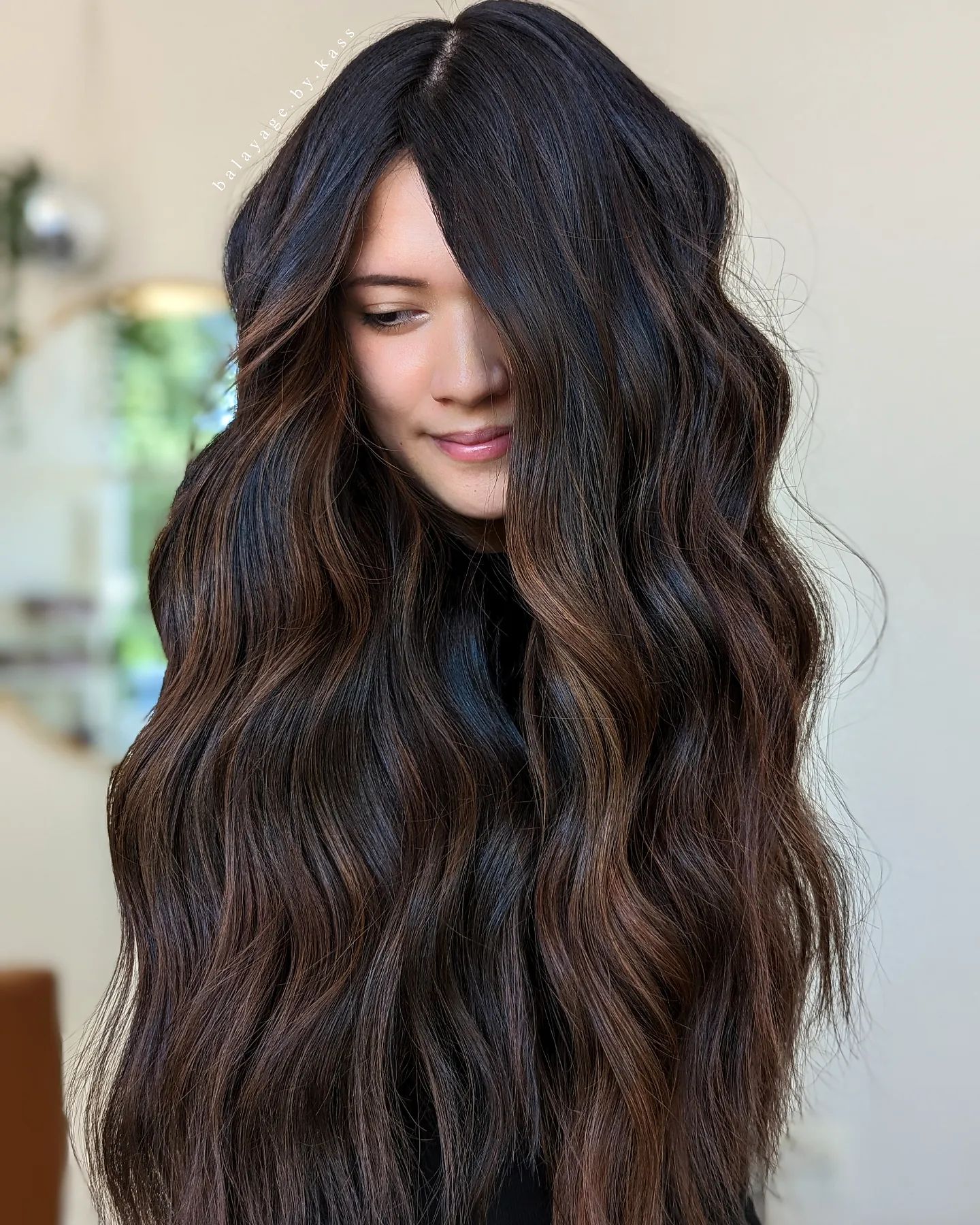 Dark Chocolate Brown Color on Long Wavy Hair