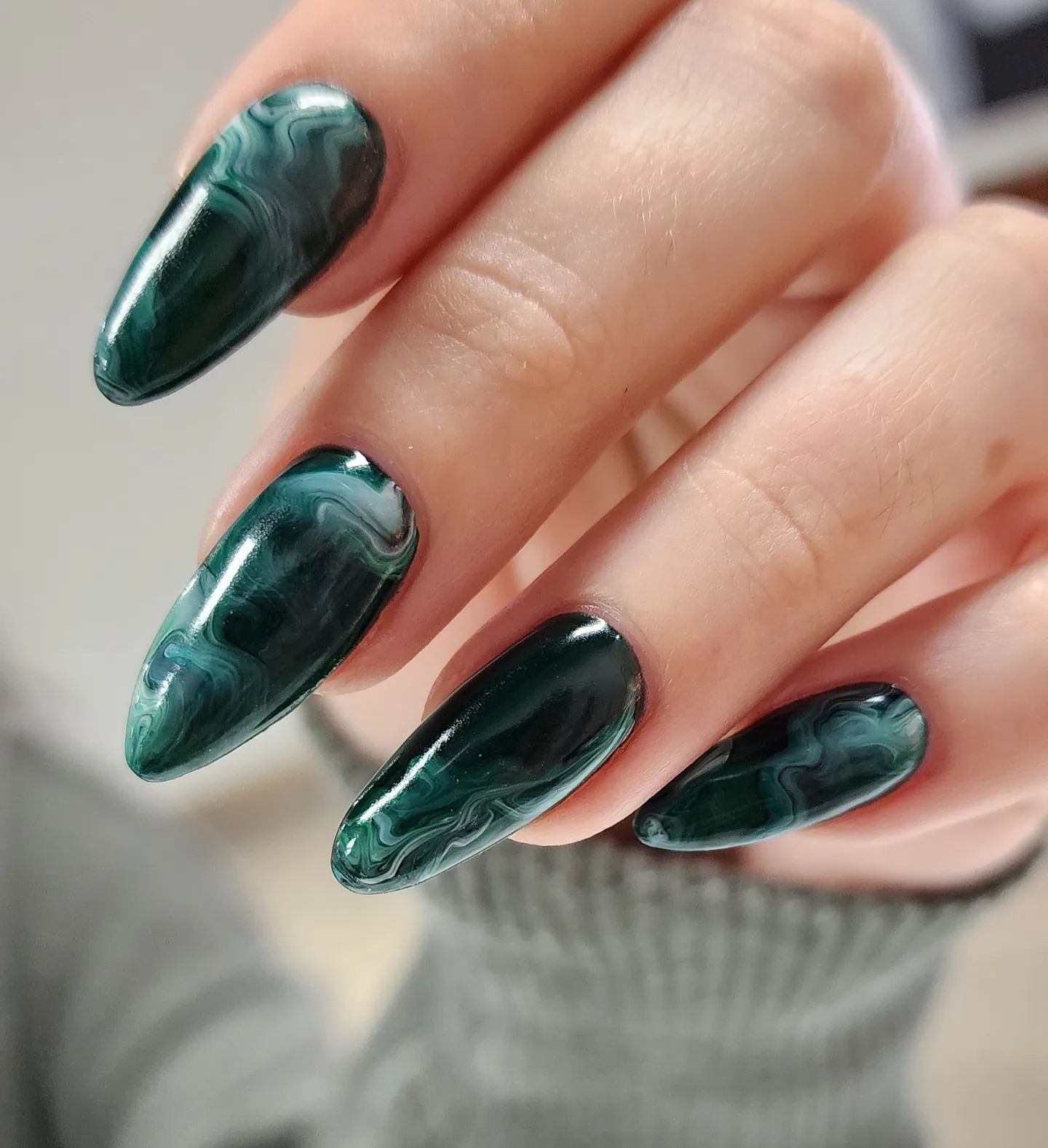 Dark Green Nails with Marble Design