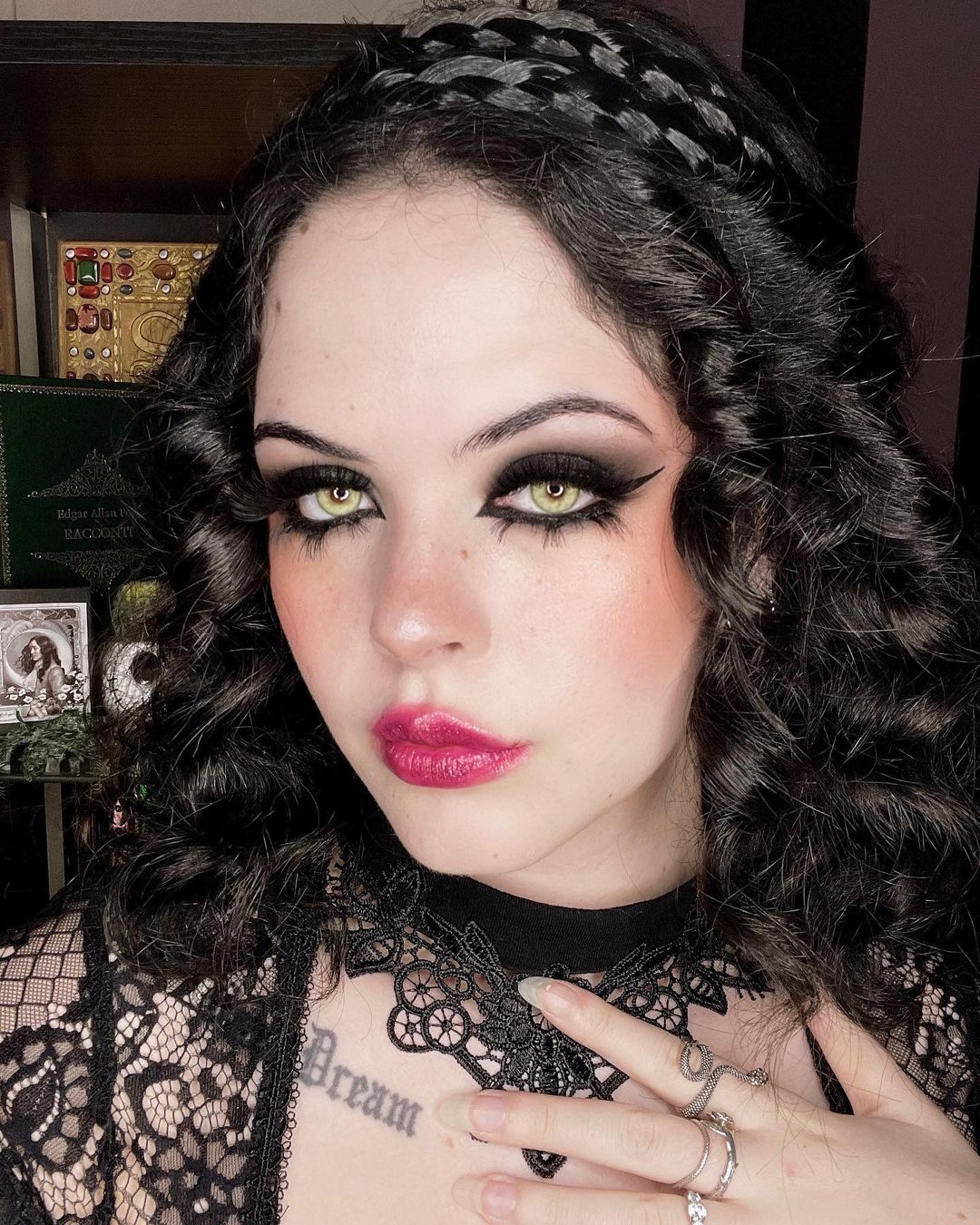 Emo Black Eye Makeup with False Lashes and Pink Lip Gloss
