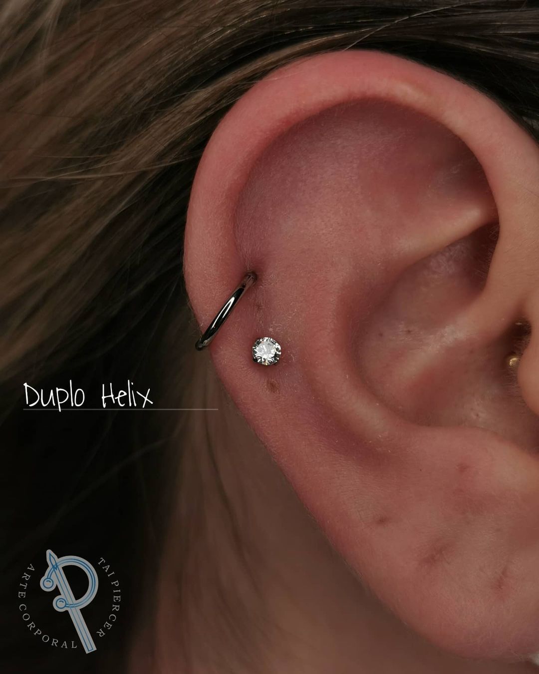 Helix Piercing with Silver Hoop and Diamond Earrings