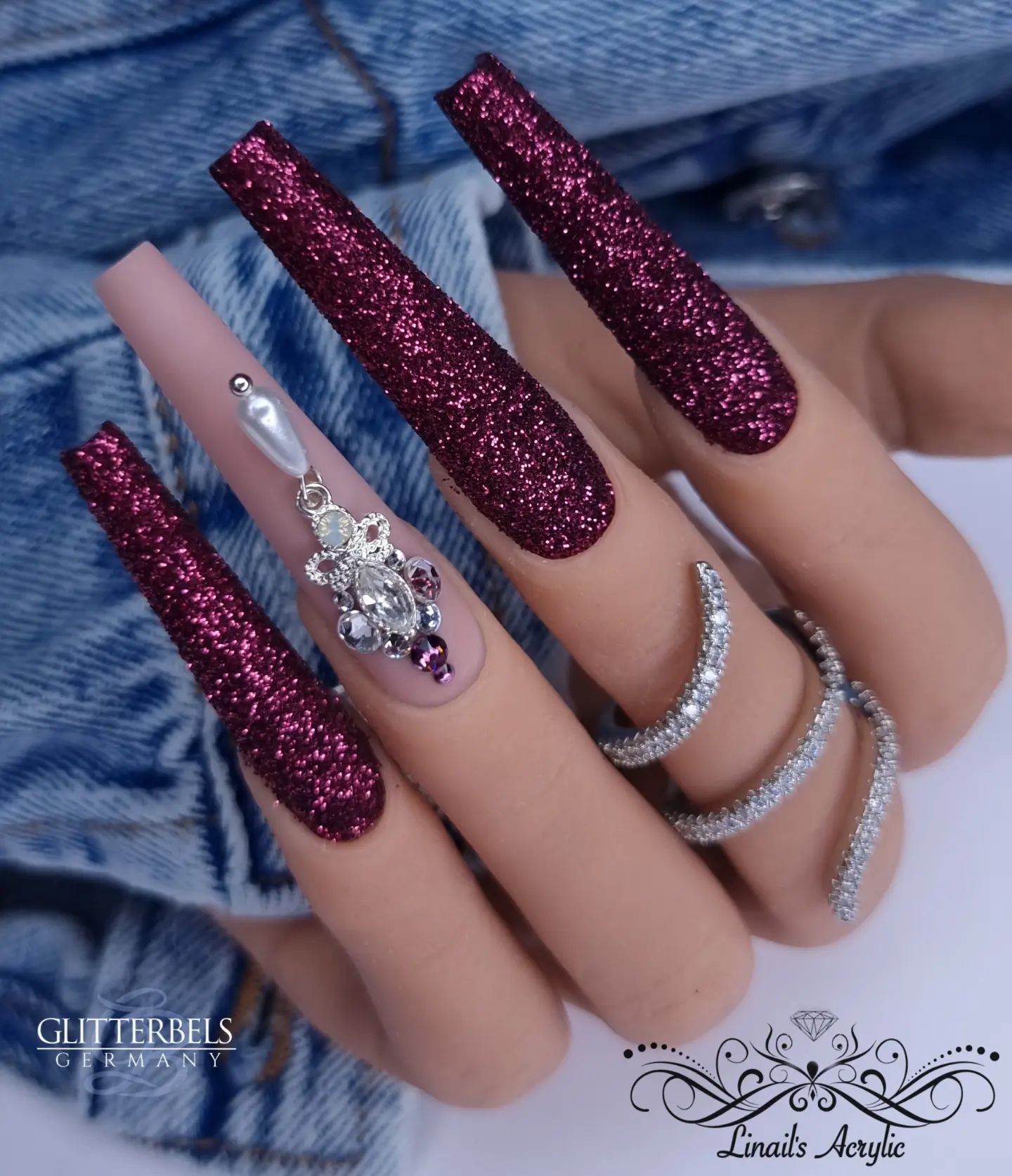 Long Coffin Nails with Burgundy Glitter and Rhinestones