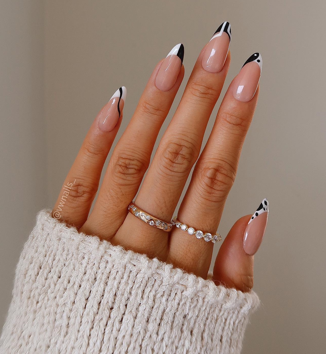 Long French Nails with Geometric Black and White Design