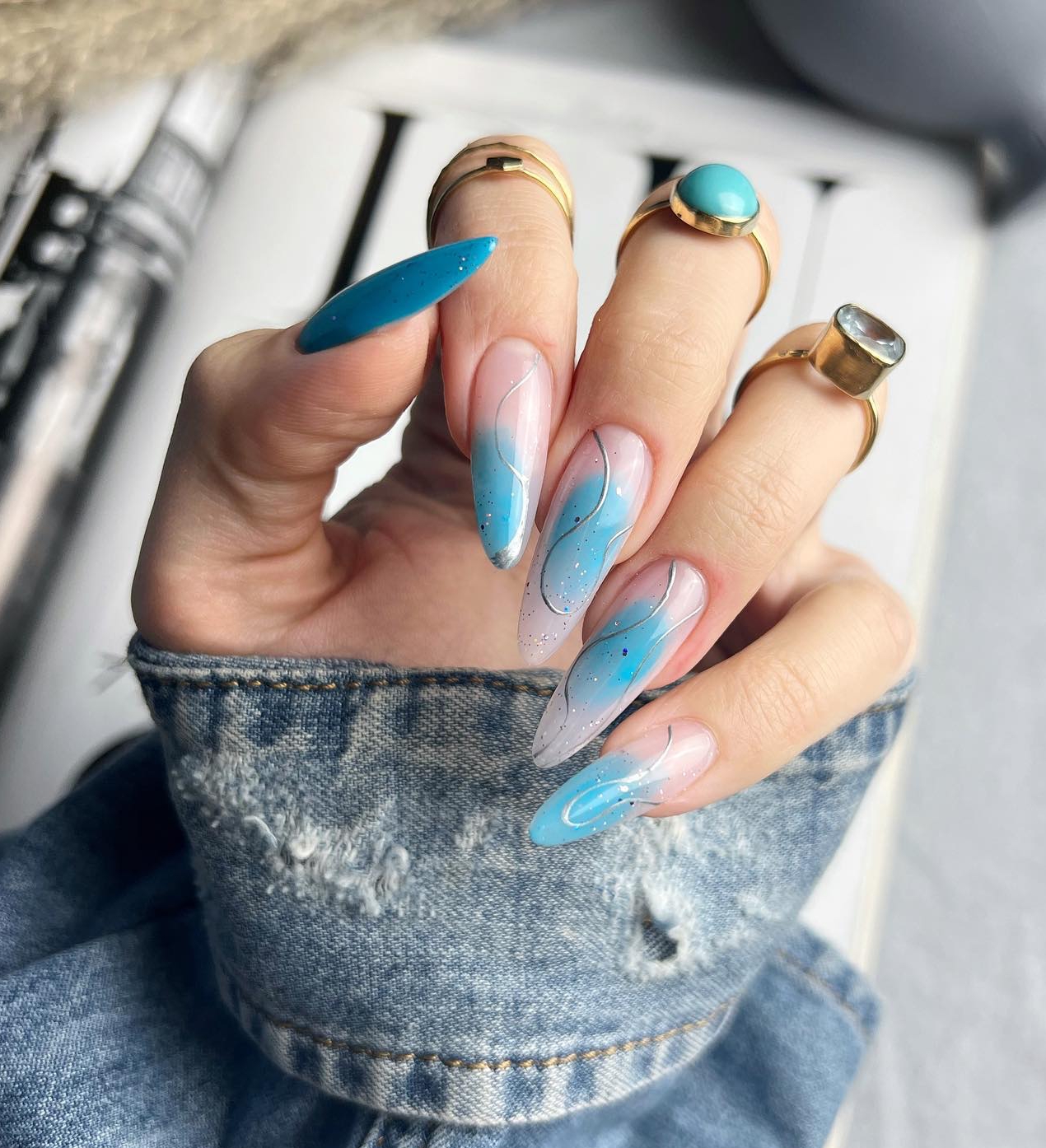 Long Round Light Blue and Clear Nail Combo