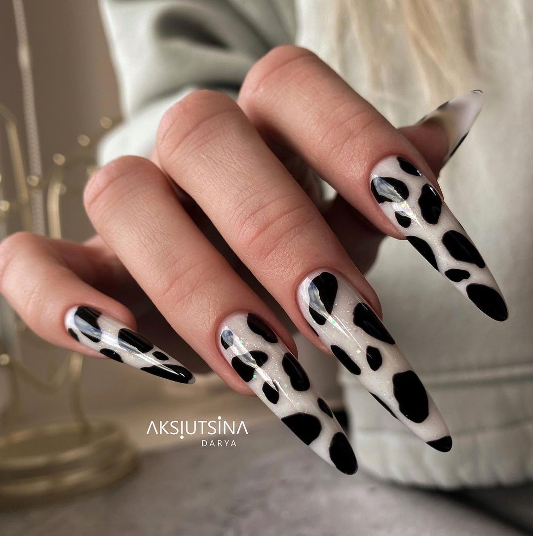 Long Round Nails with Black and White Cow Print