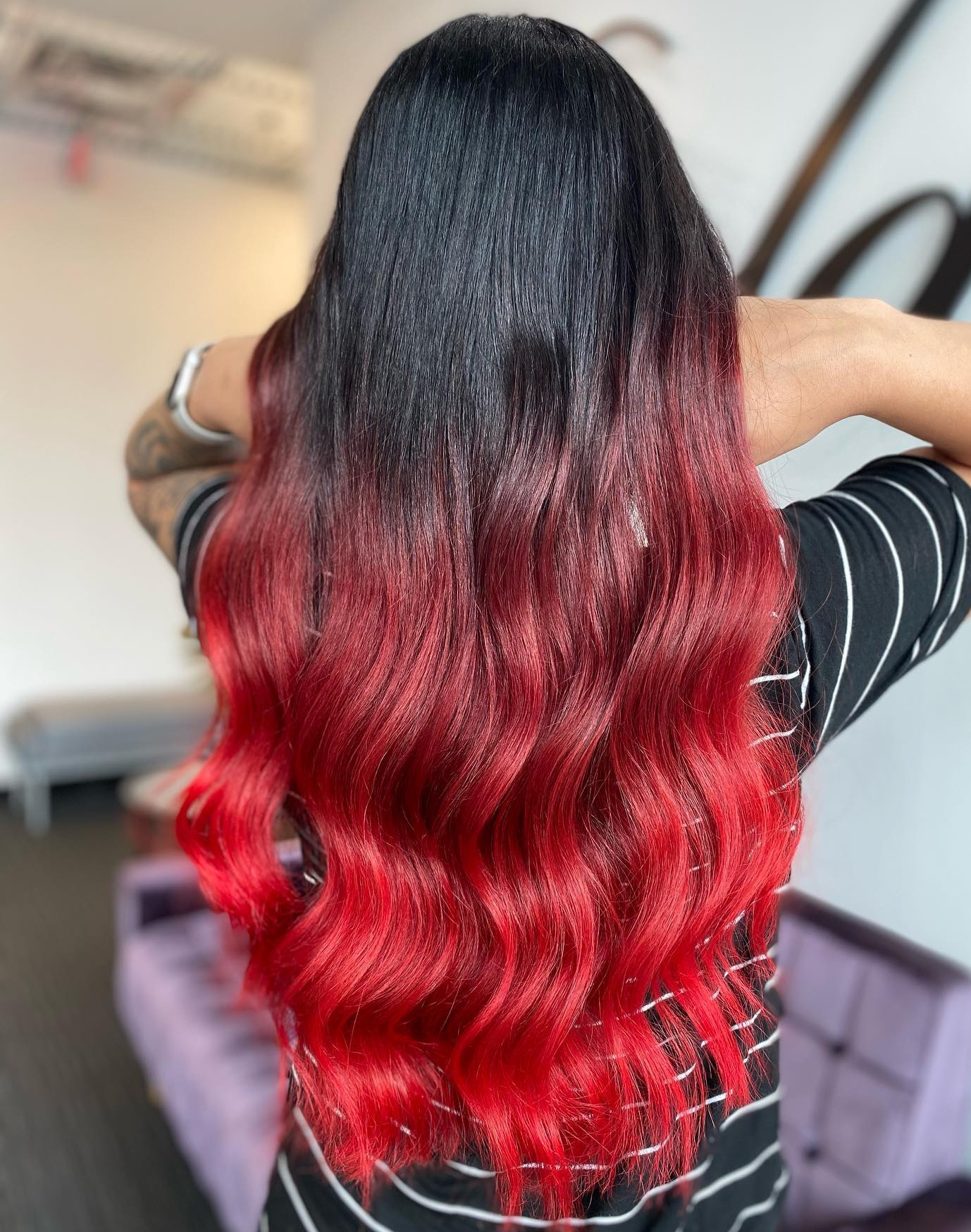 Long Thick Black to Red Ombre Hair