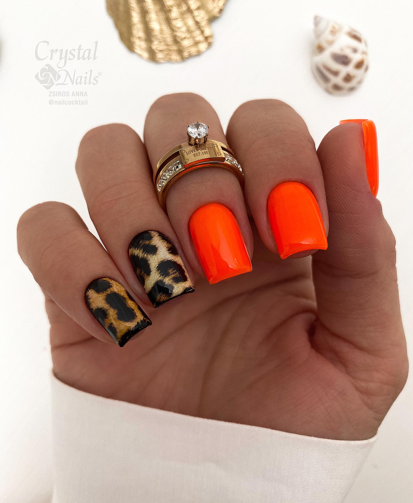 Neon Orange Nails with Leopard Print