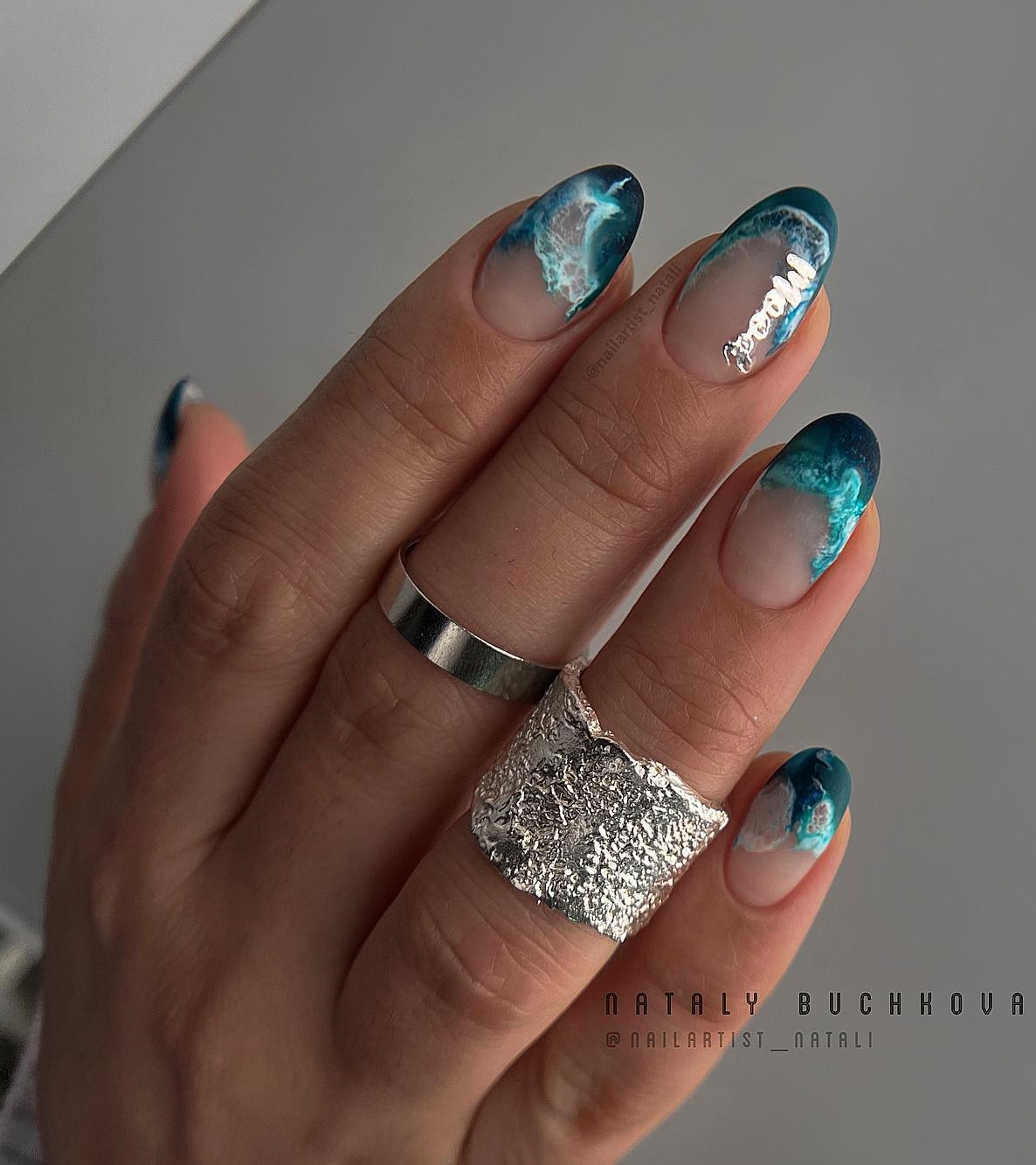 Short Almond Nails with Sea Wave Design