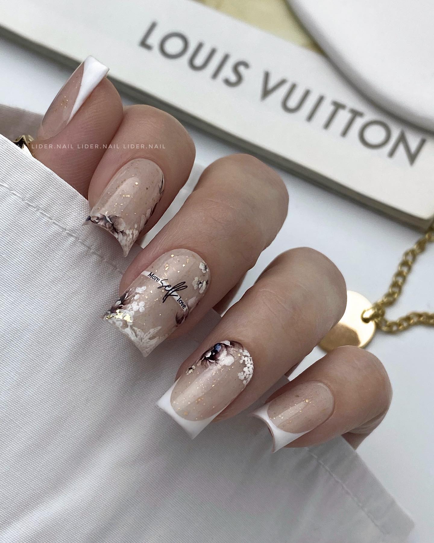 Square Light Brown Nails with White Tips