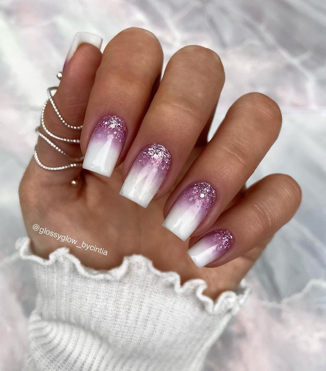 Square Pink and White Nails with Glitter