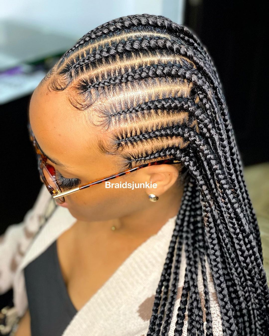 Straight Back Stitch Braids on Long Black Hair