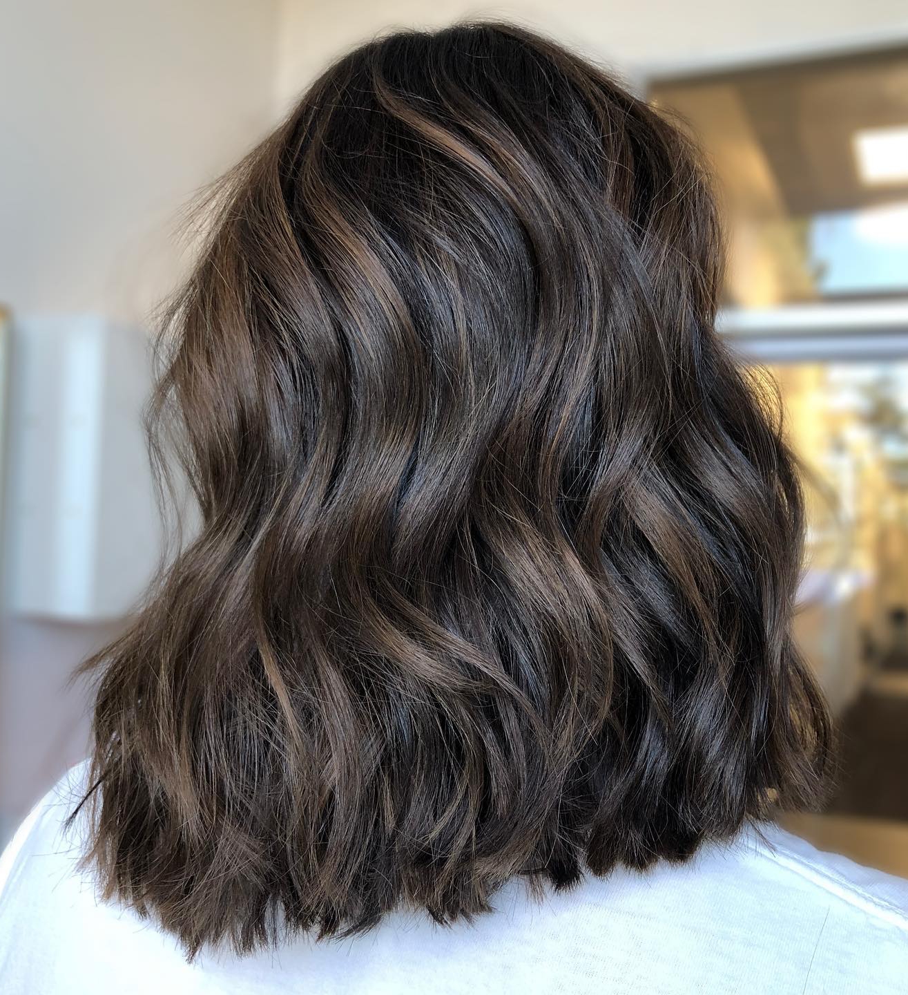 Coffee Brown Lowlights and Blonde Highlights on Short Thick Lob