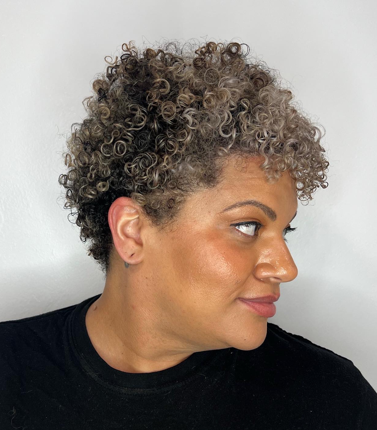 Curly Pixie with Gray Balayage