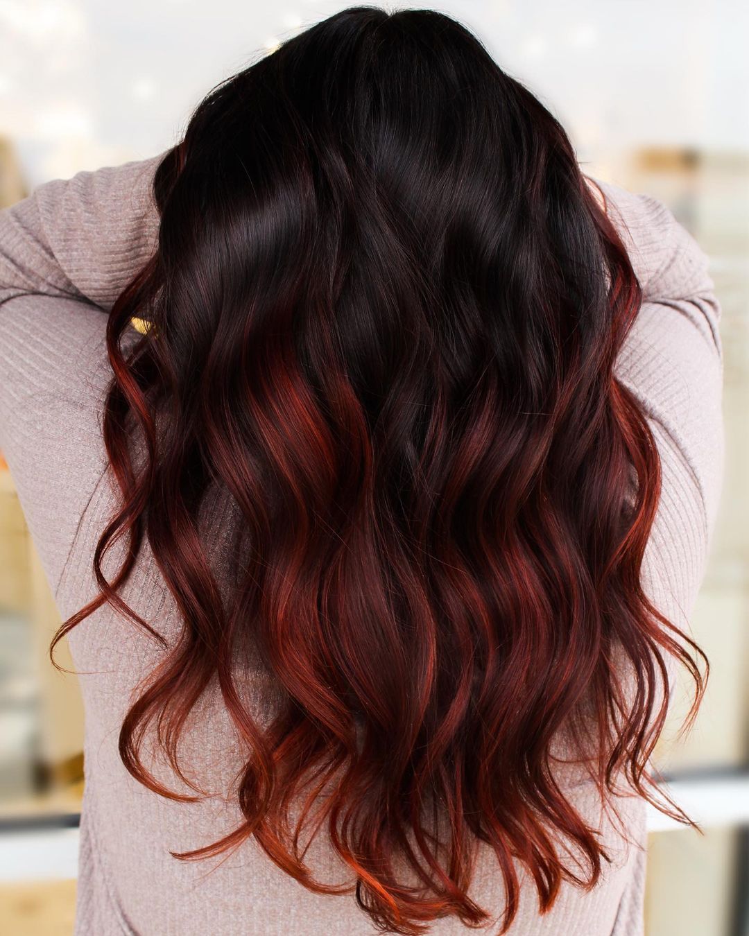 Dark Brown to Bright Red Ombre on Long Wavy Hair