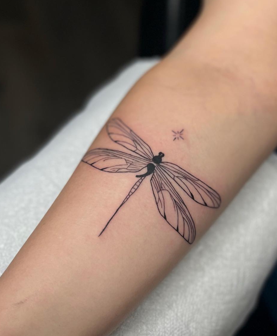 Dragonfly with Half Body Semicolon Tattoo on Arm