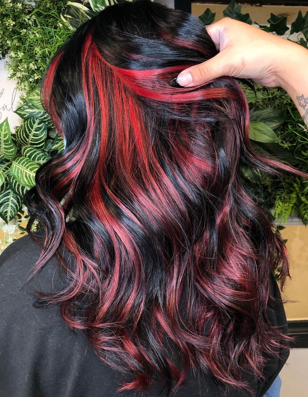 Hidden Neon Red Highlights on Black Hair