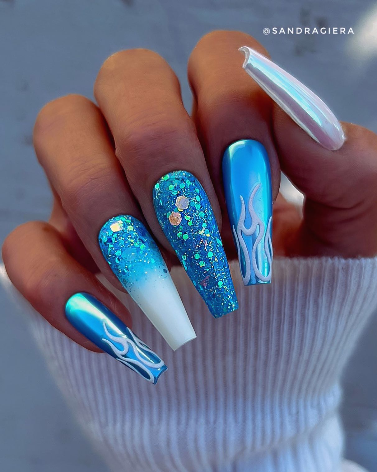 Long Coffin Blue Nails with Glitter