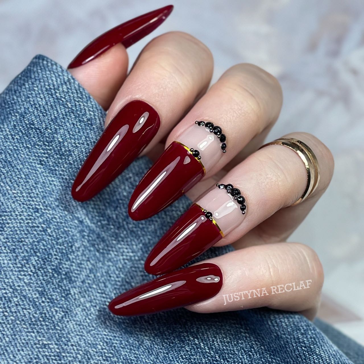 Long Dark Burgundy Nails with Black Crystals