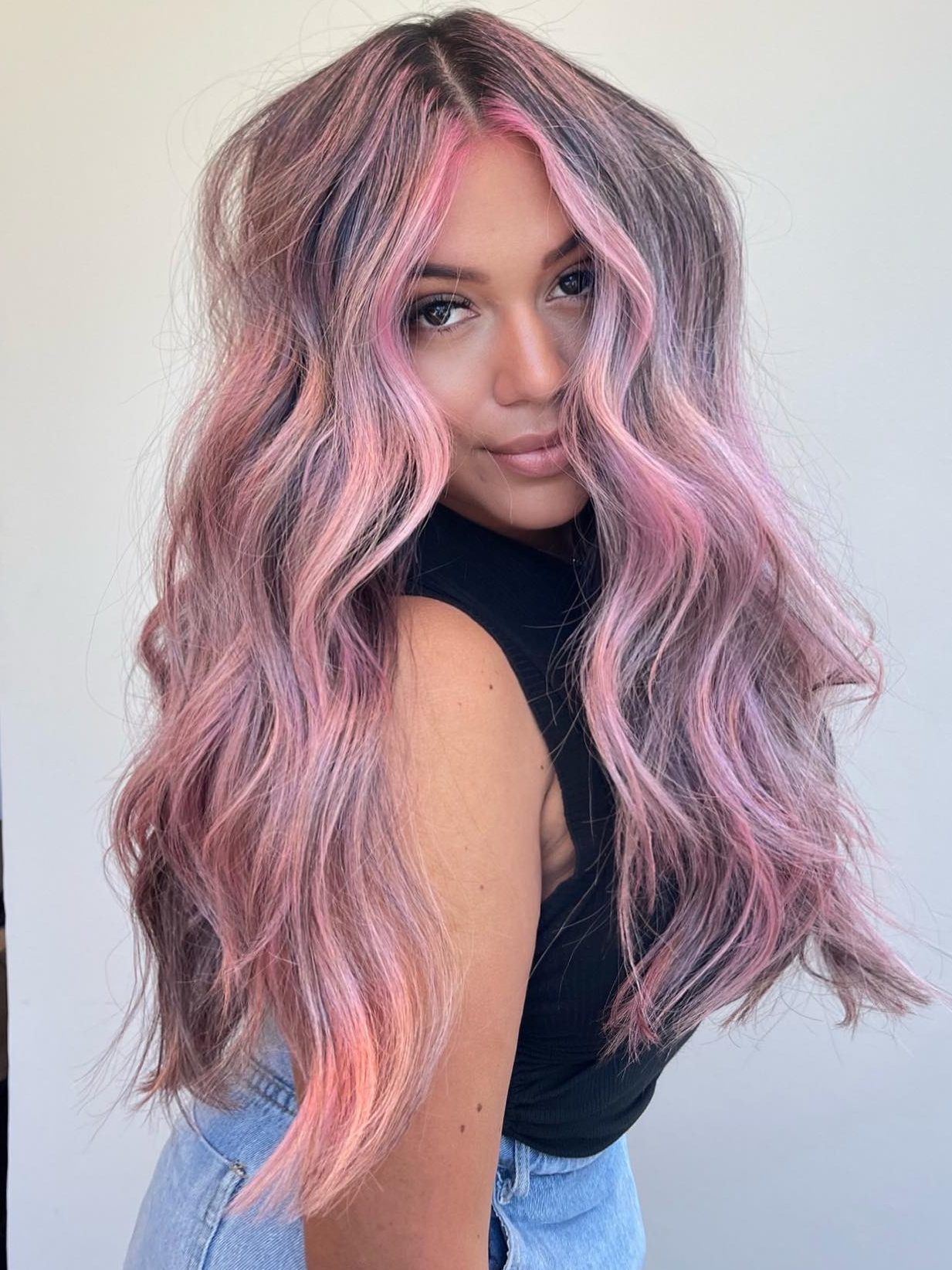 Long Gray Hair with Pink Highlights