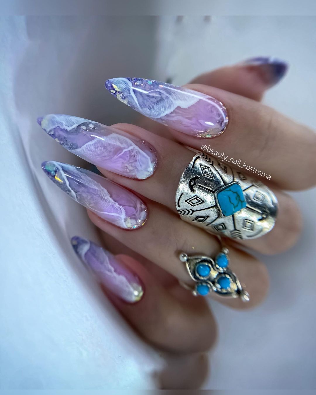 Long Pointy Purple Clear Marble Nails