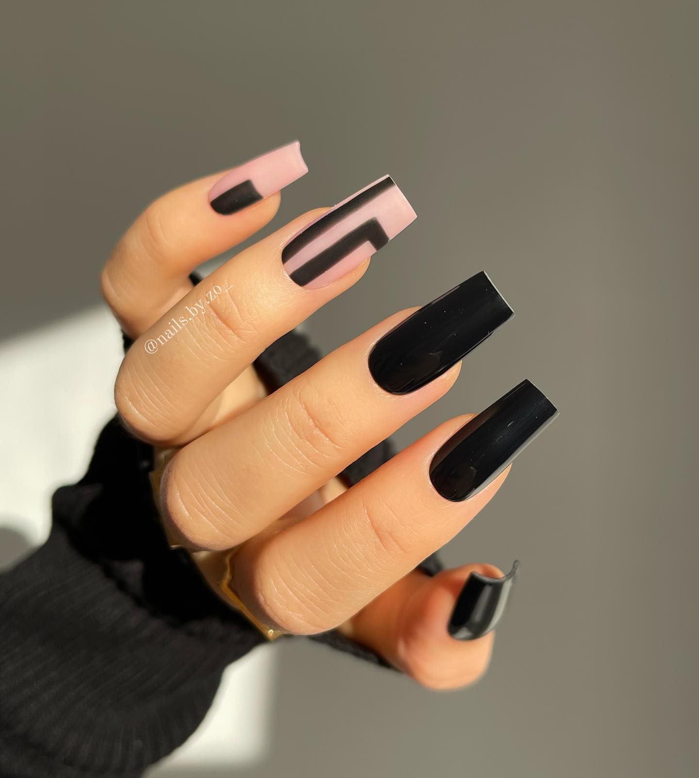 Long Square Black and Beige Nails with Geometric Design