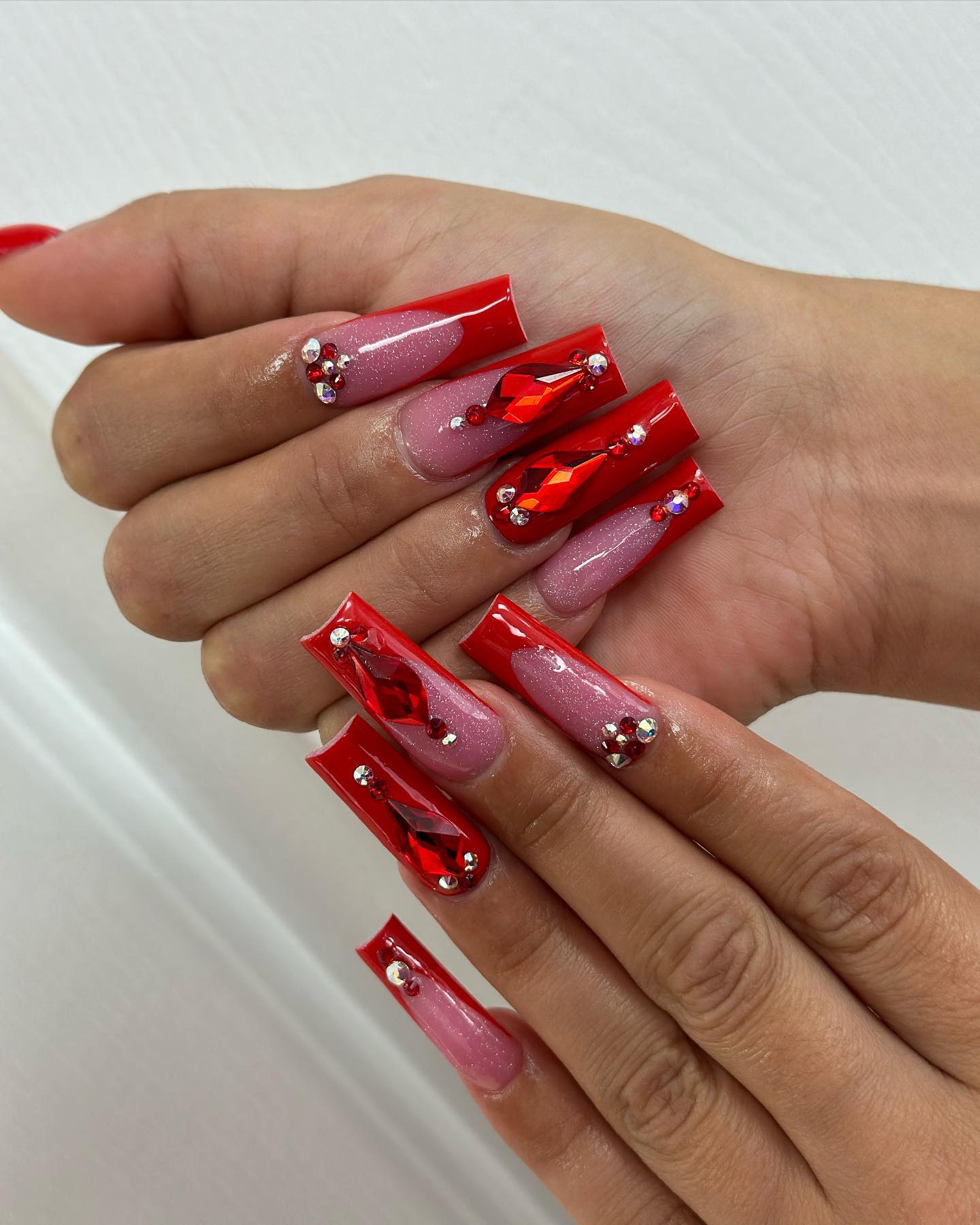 Long Square Red Nails with Rhinestones