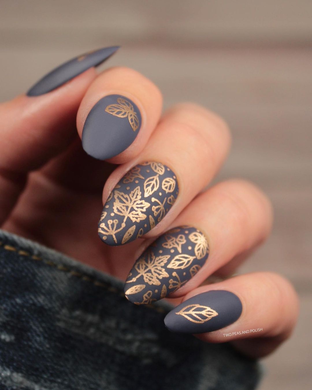 Matte Gray Nails with Gold Leaf Design