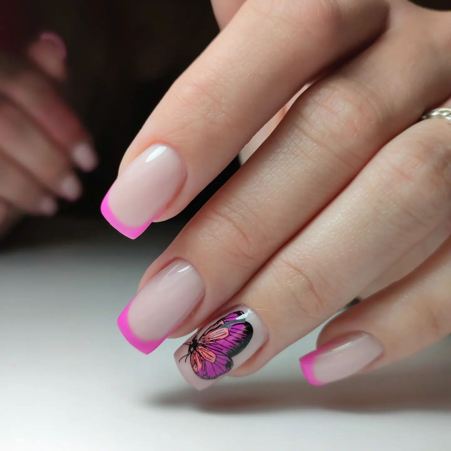 Pink French Nails with Butterfly