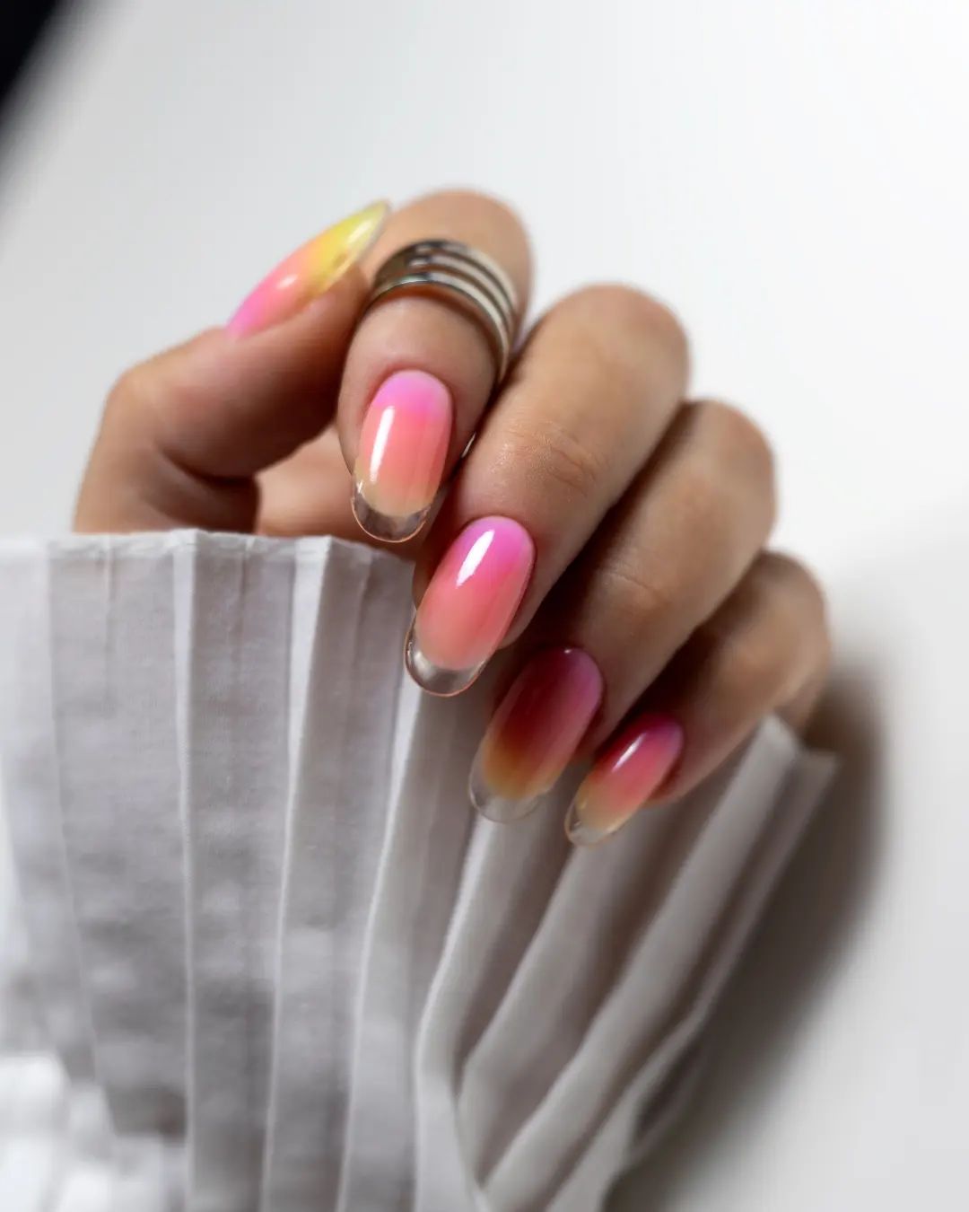 Pink Ombre with Gold Tips on Oval Nails