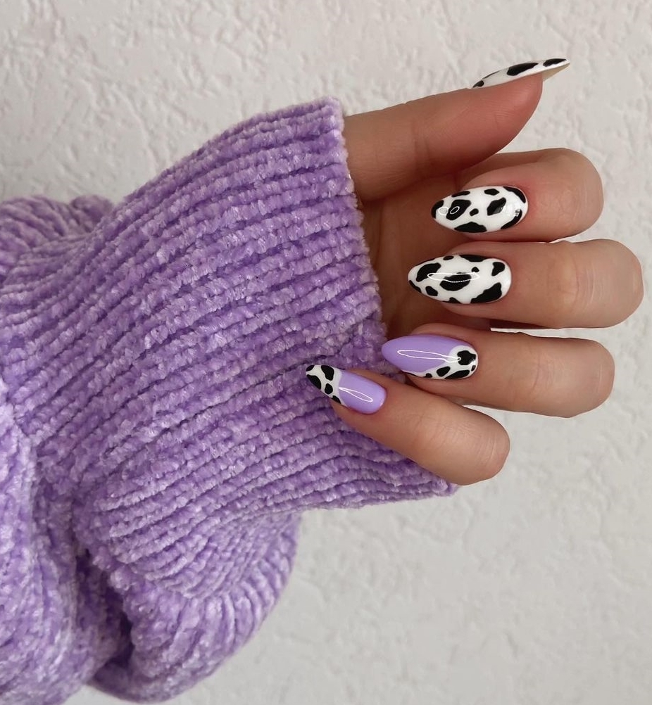 Purple Nails with Black and White Cow Print Design