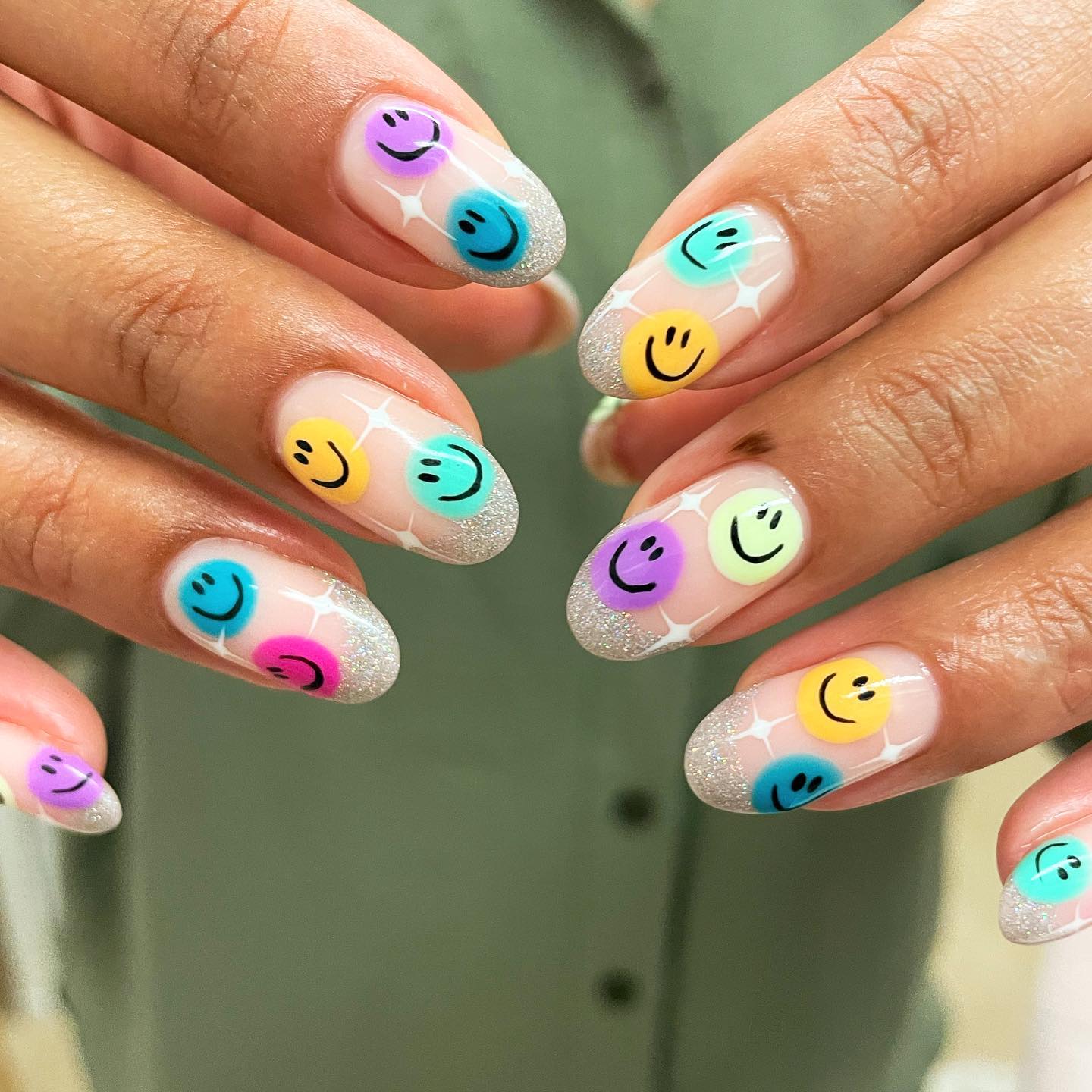 Round Nails with Rainbow Smiley Faces