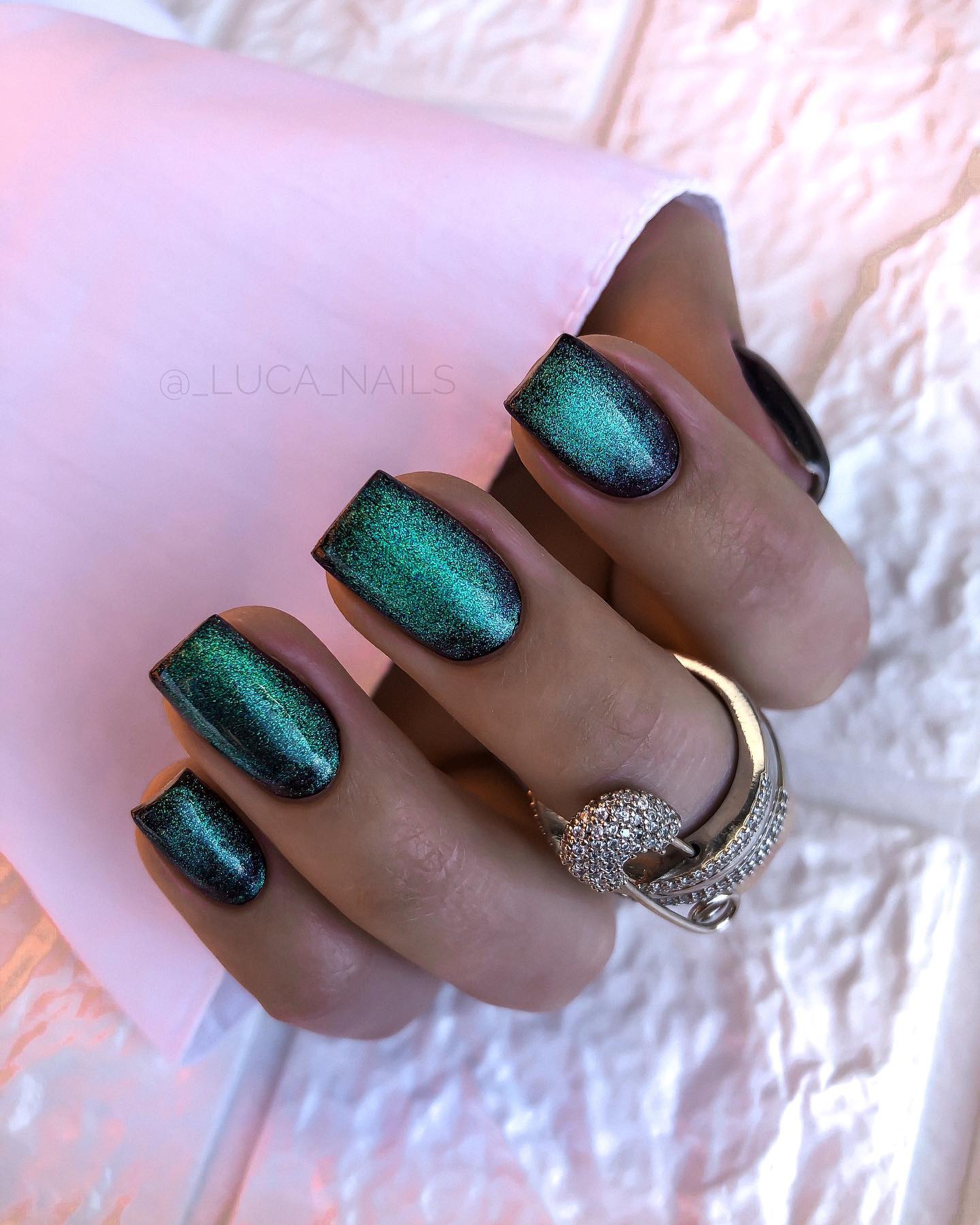 Short Square Forest Green Nails with Glitter