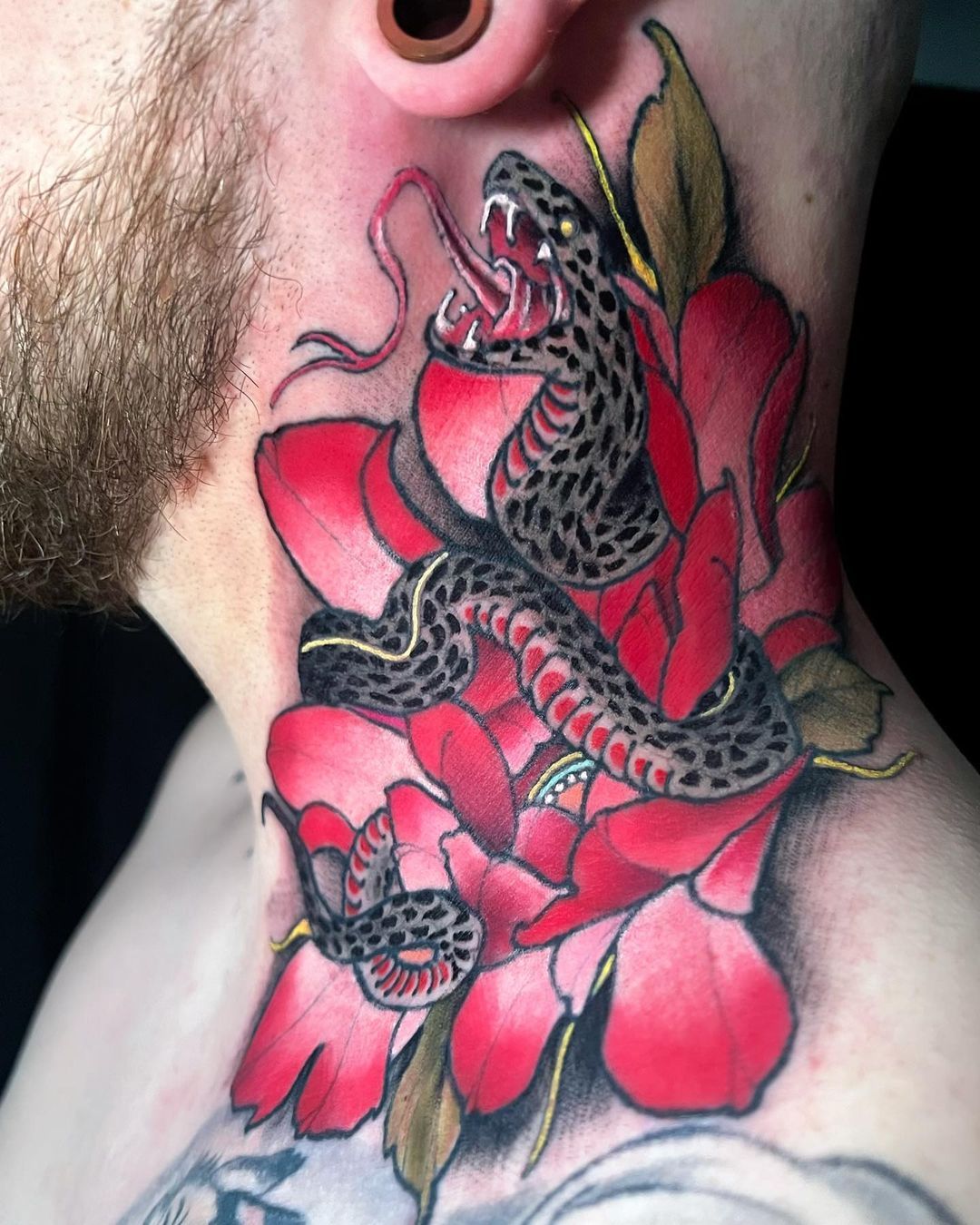 Side Neck Colored Snake Tattoo for Men