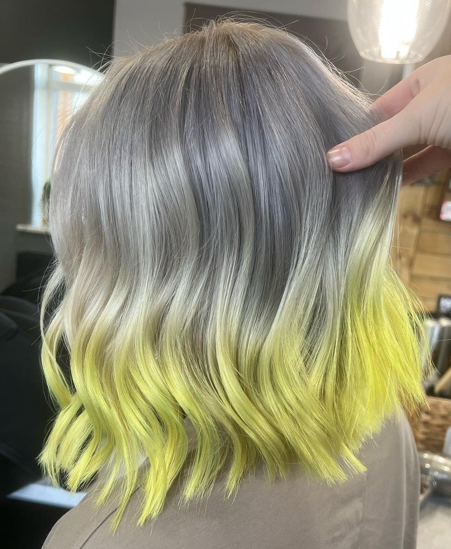 Silver Hair with Yellow Ends on Bob Cut