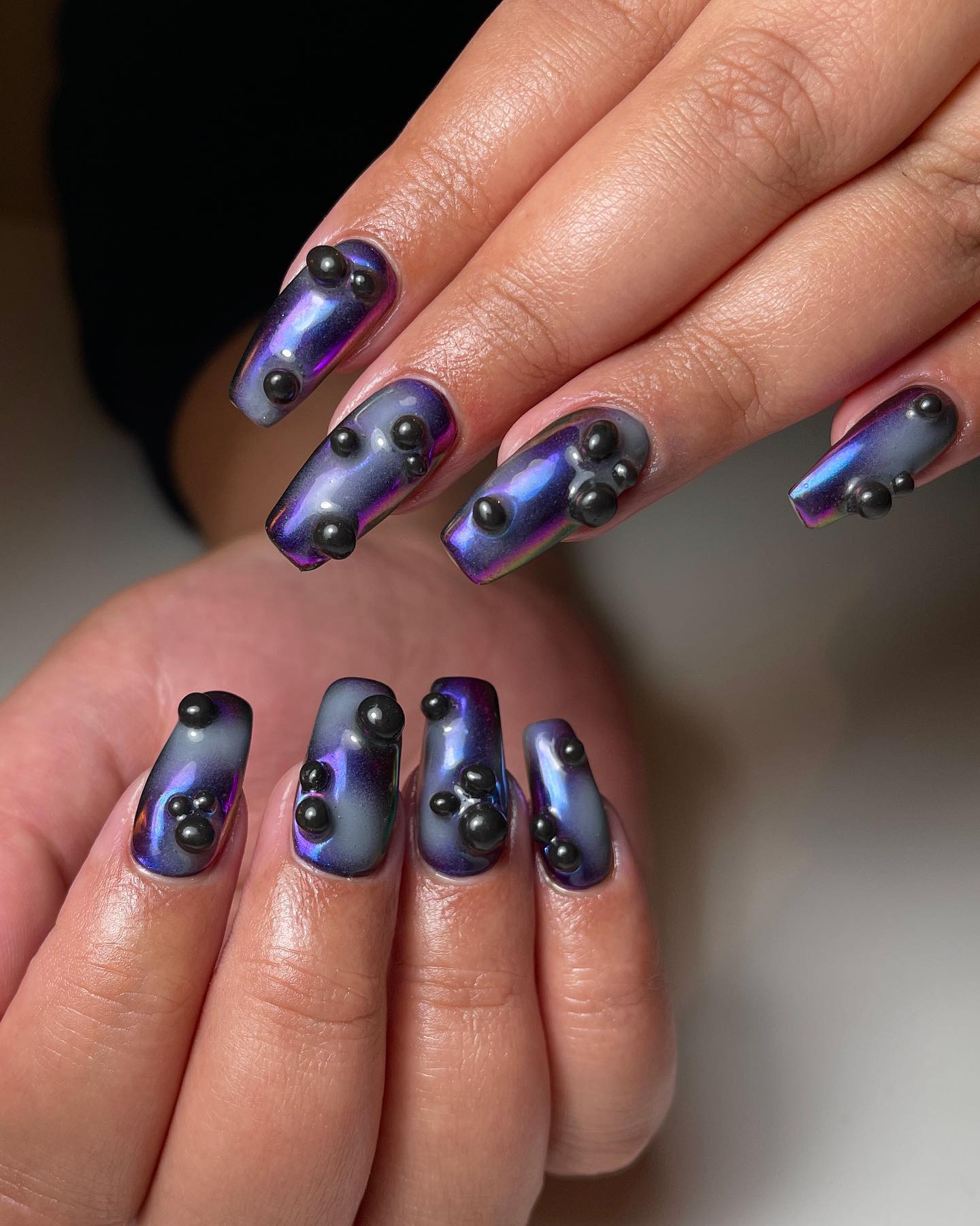 Square Dark Nails with Purple Chrome Design